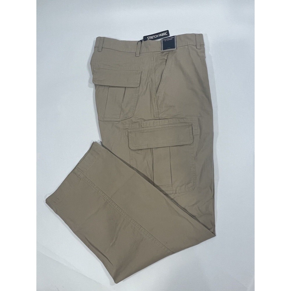 ROUNDTREE &YORKE CARGO PANTS MENS SIZE 48X30 STRETCH LIGHT KHAKI  ZIP FLY NWT